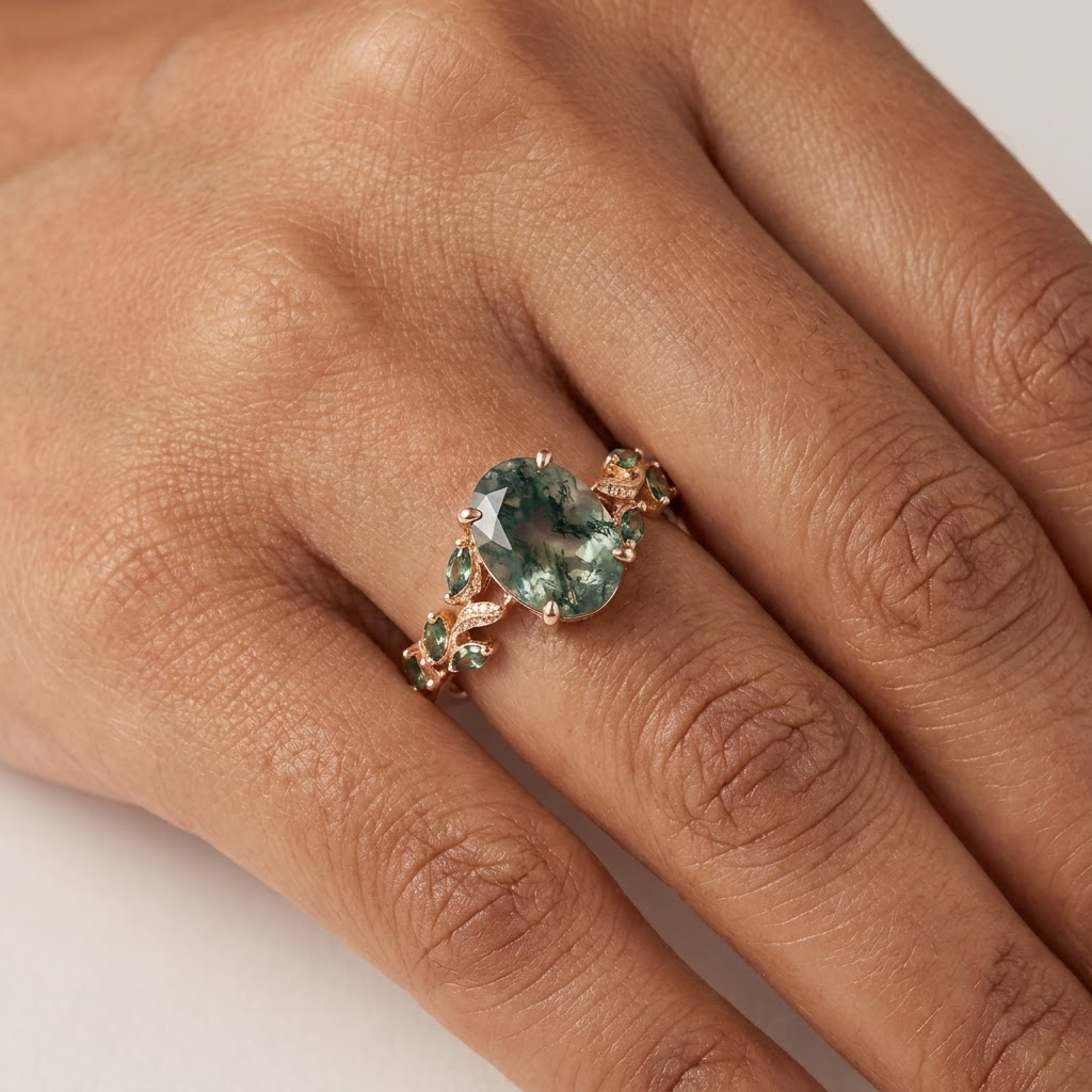 Oval Moss Agate Leaf Vintage Bridal Engagement Ring With Model Finger