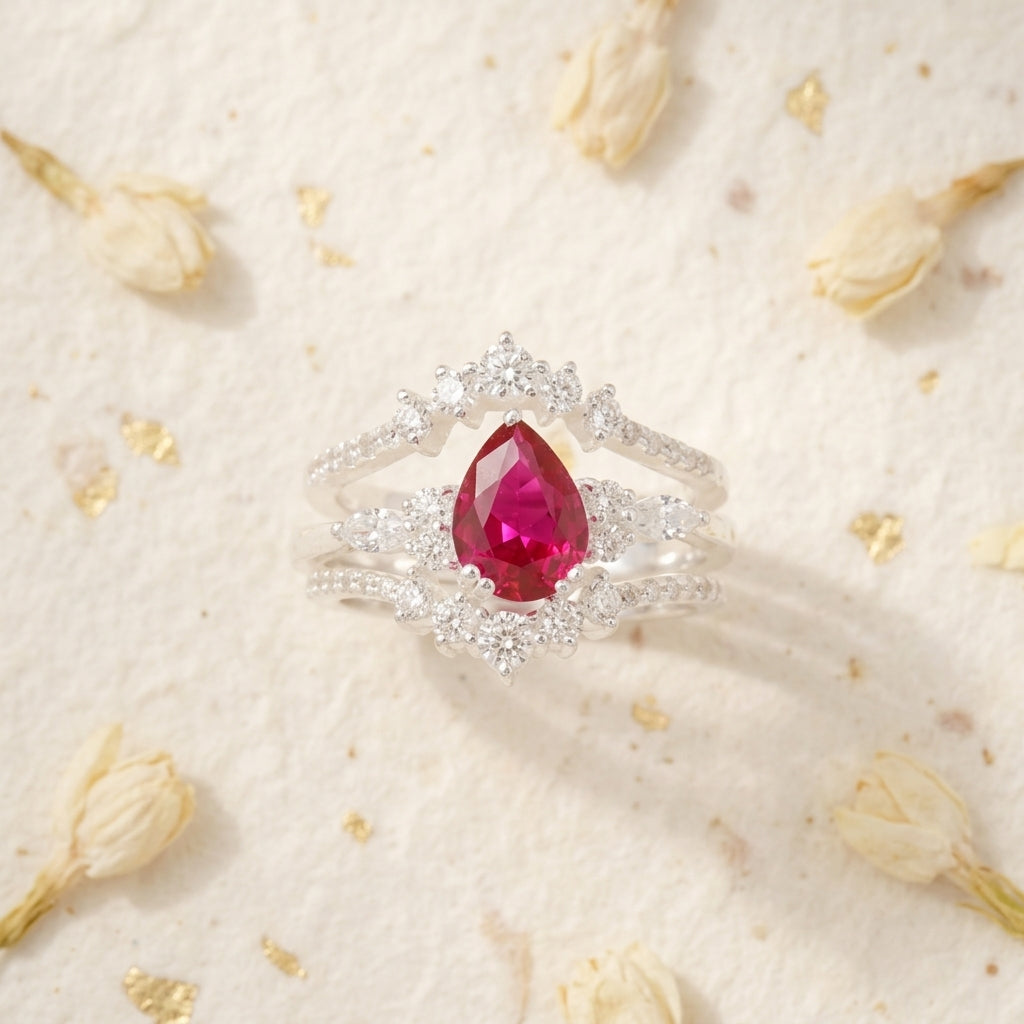 Pear Ruby Cluster Ring with Moissanite Enhancer wedding band Stand on table