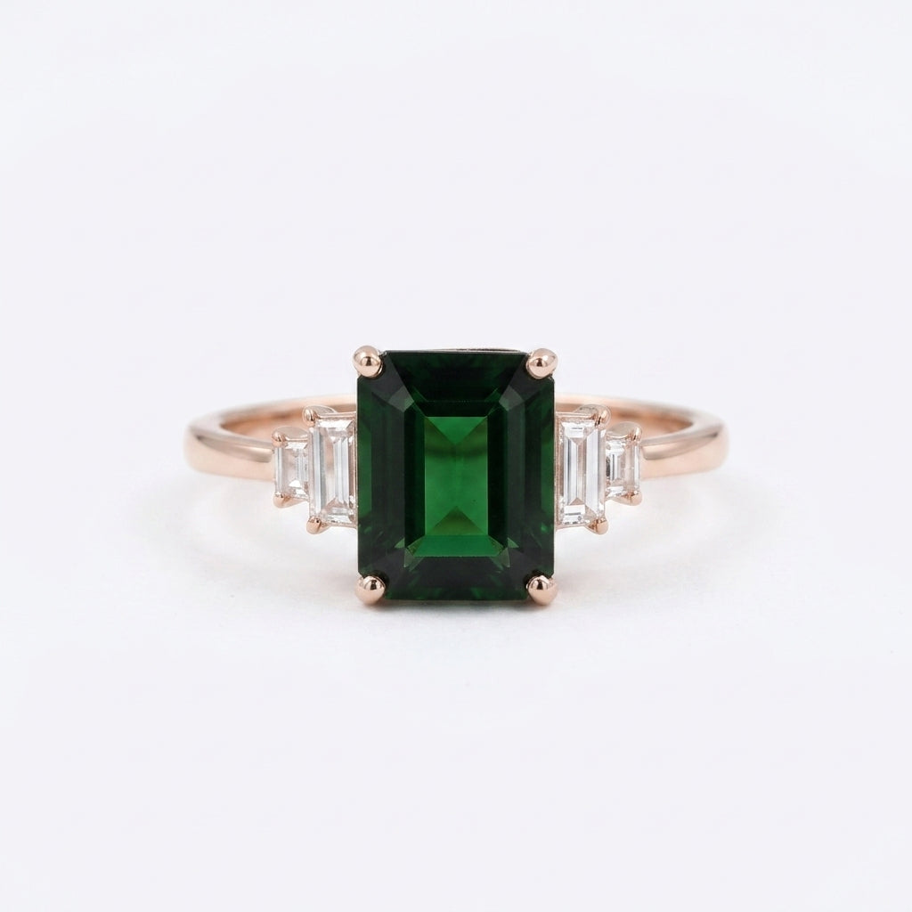 Green Emerald Gemstone Rose GOld Engagement Ring