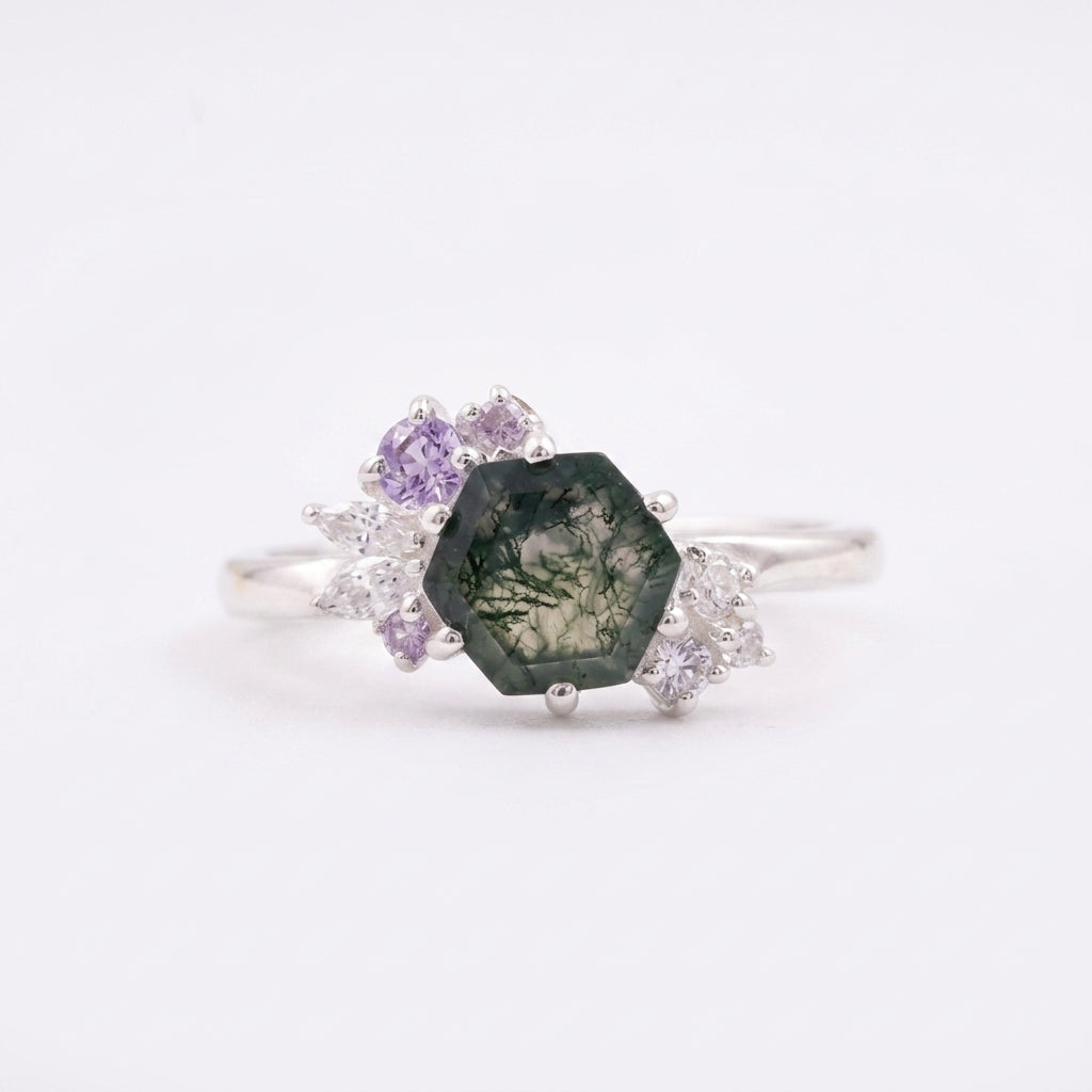 Hexagon Cut Moss Agate Cluster Art Deco Silver Ring