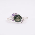 Hexagon Cut Moss Agate Cluster Art Deco Silver Ring