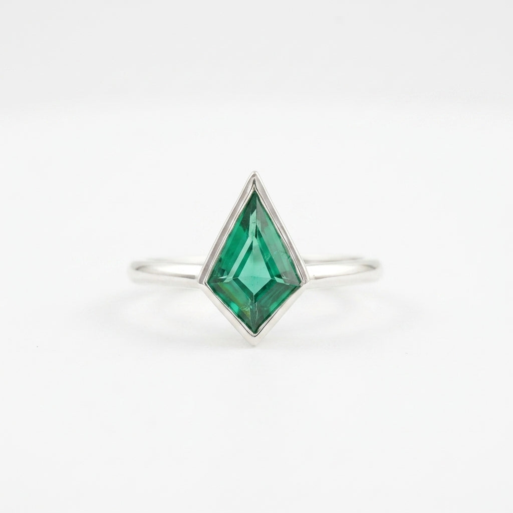 Kite Shaped Emerald Ring Silver Solitaire Ring
