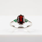 Hexagon Cut Red Garnet Gemstone Cluster Silver Ring
