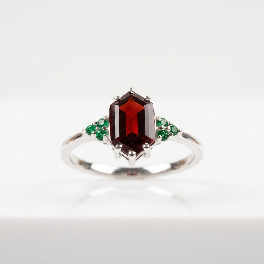 Hexagon Cut Red Garnet Gemstone Cluster Silver Ring