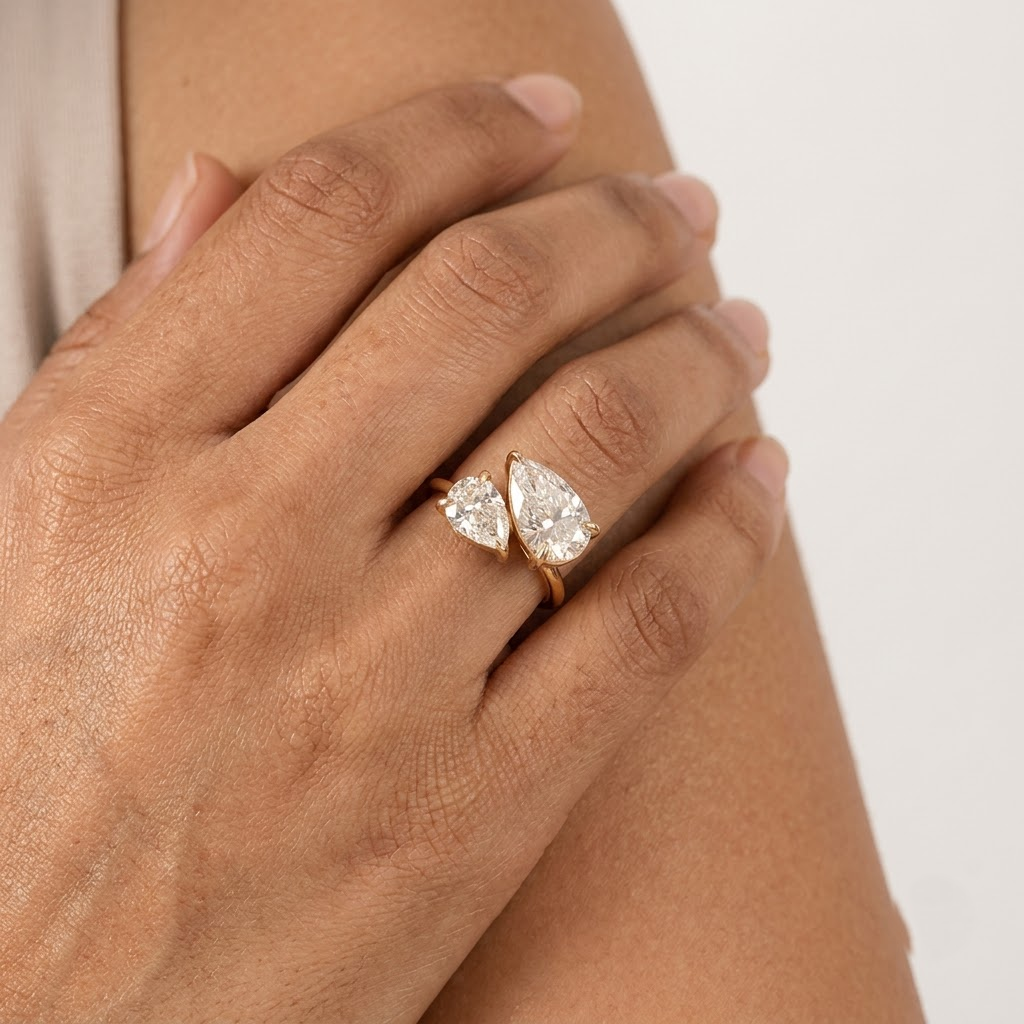 Pear Cut Moissanite Toi et Moi Double Stone Anniversary Ring with Model Finger