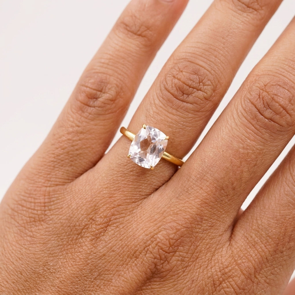 Moissanite Cushion Cut Stacking Gold Engagement Ring With Model Finger