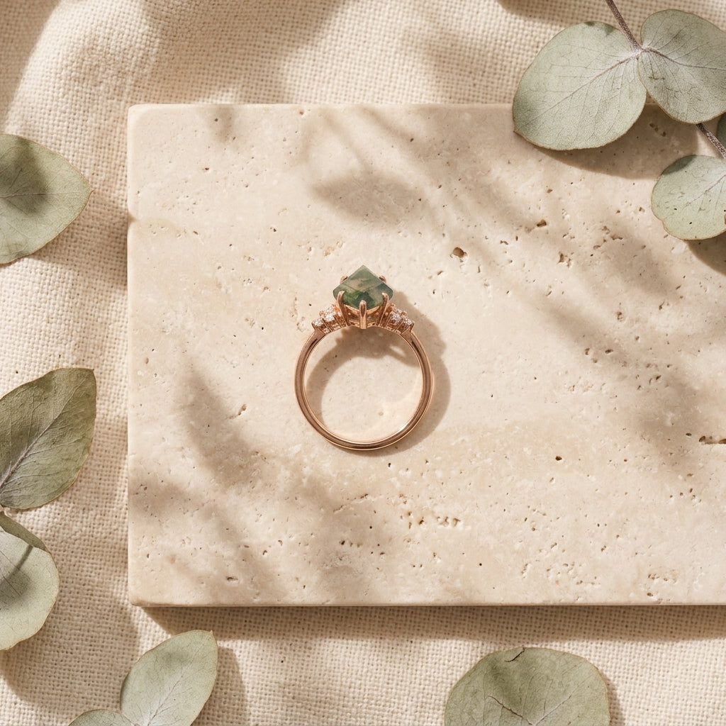 Kite Shaped Moss Agate Engagement Ring Lay Down On Stone