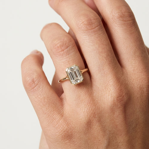 3 CT Emerald Cut Moissanite Engagement Ring Bezel Set Wedding Rings With Model Hand