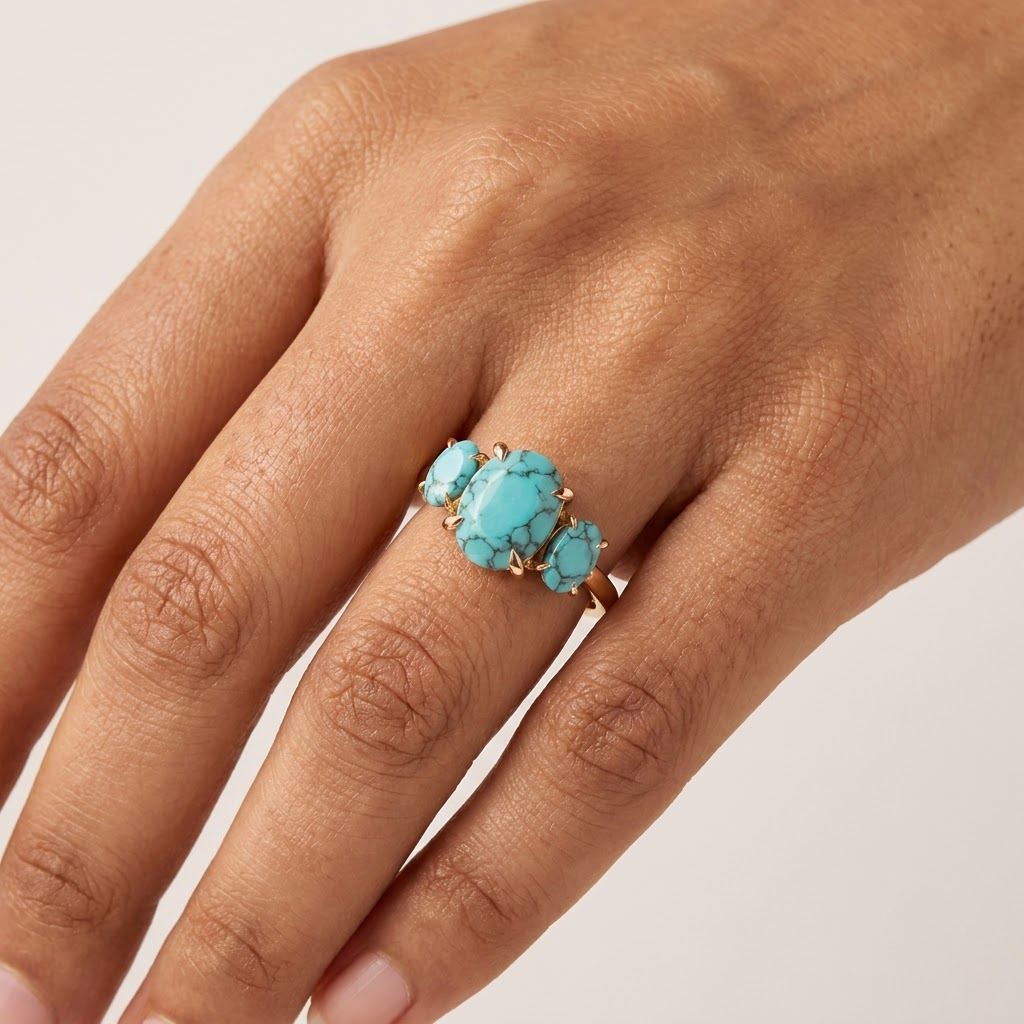 Three Stone Oval Turquoise Engagement Ring With Model Finger