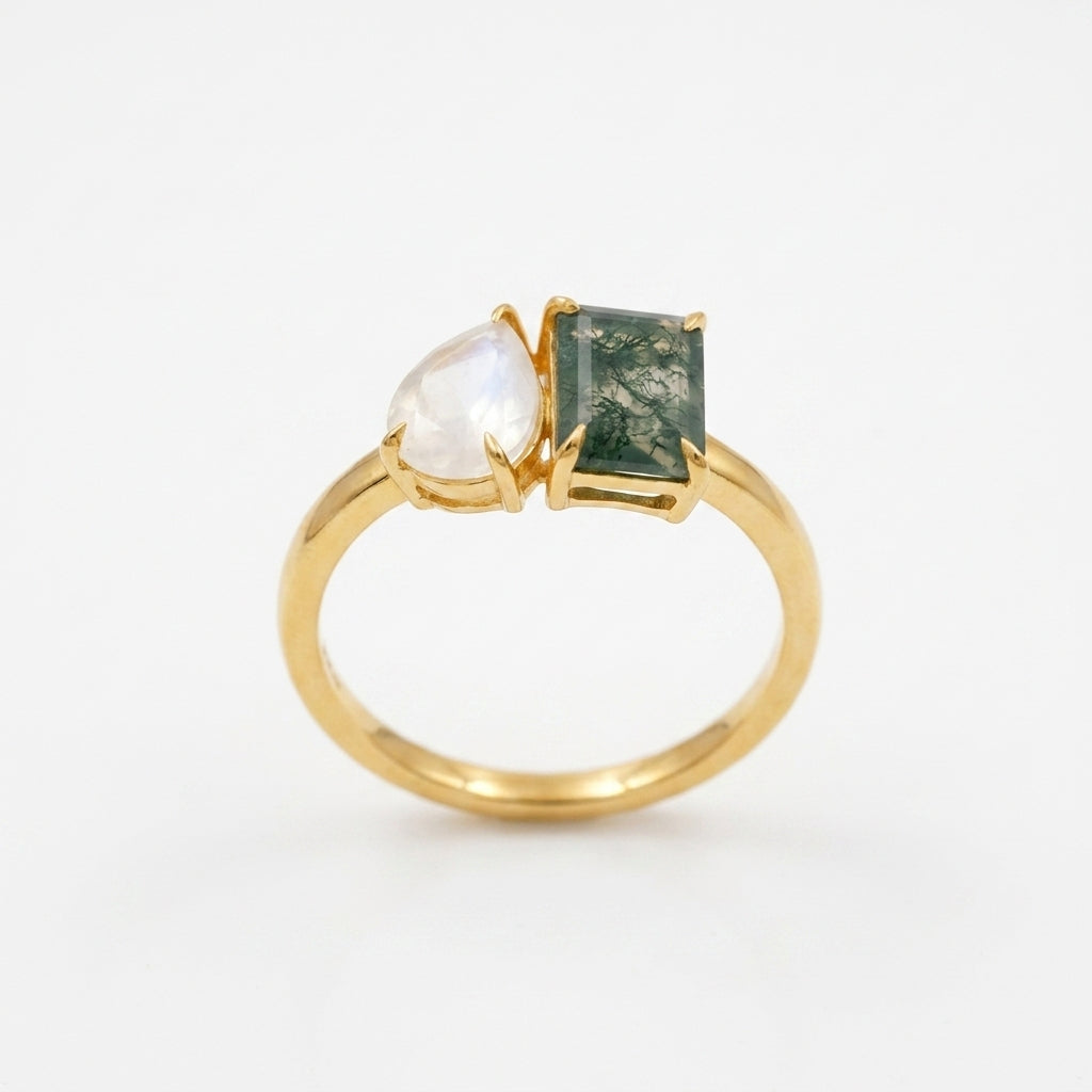 Double Stone Moss Agate And Moonstone Toi Et Moi Gold Engagement Ring