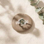 Moss Agate Leaf Hexagon Engagement Ring Stand on Stone