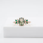 Oval Moss Agate Marquise Emerald And CZ Rose Gold Engagement Ring