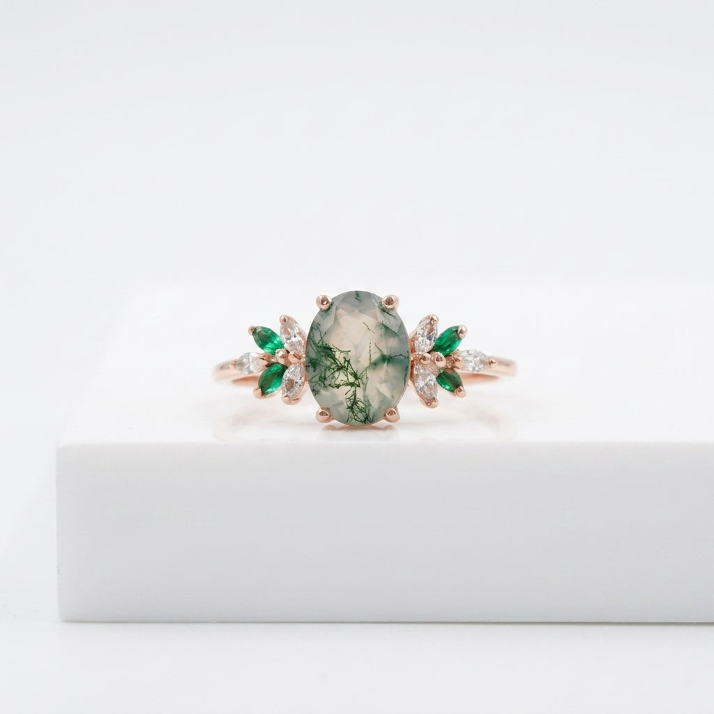 Oval Moss Agate Marquise Emerald And CZ Rose Gold Engagement Ring