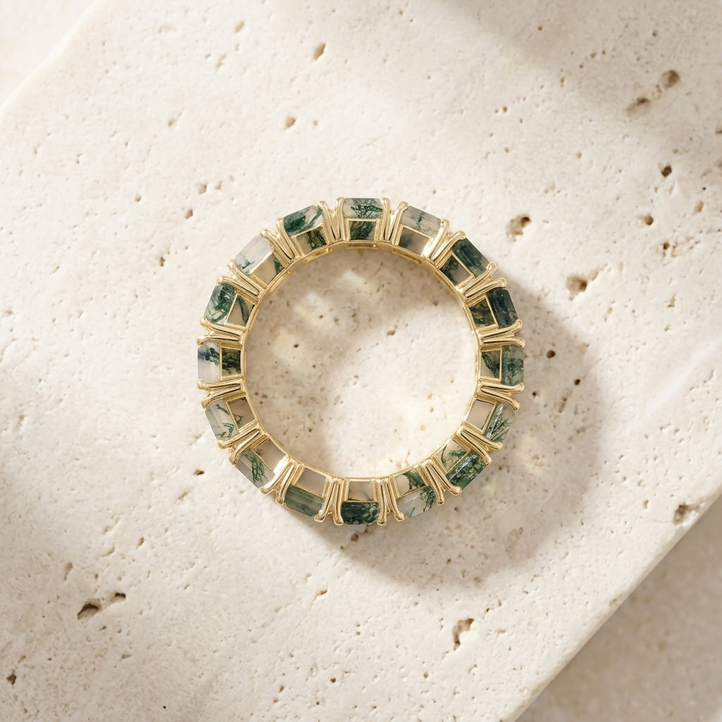 Baguette Cut Moss Agate Wedding Band  Keep on Table