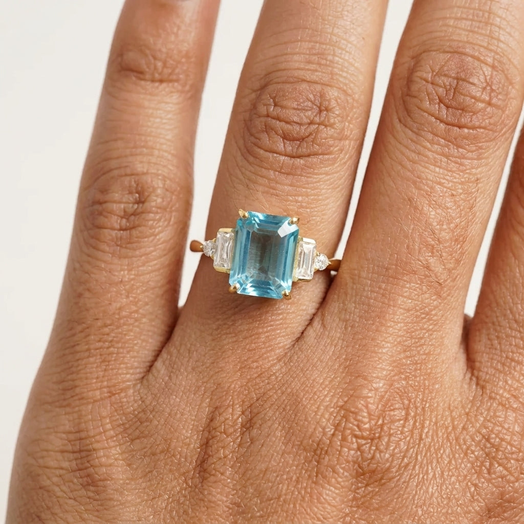 Aquamarine Gemstone Engagement Ring Emerald Cut Ring For Women WIth Wear Model Finger