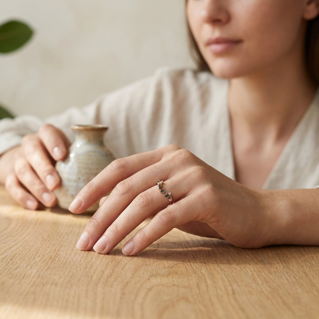 Natural Moss Agate Open Wedding Band With Model