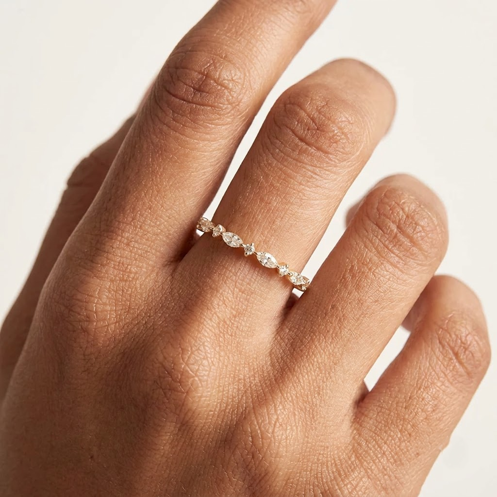Marquise Moissanite Wedding Band With Model Finger