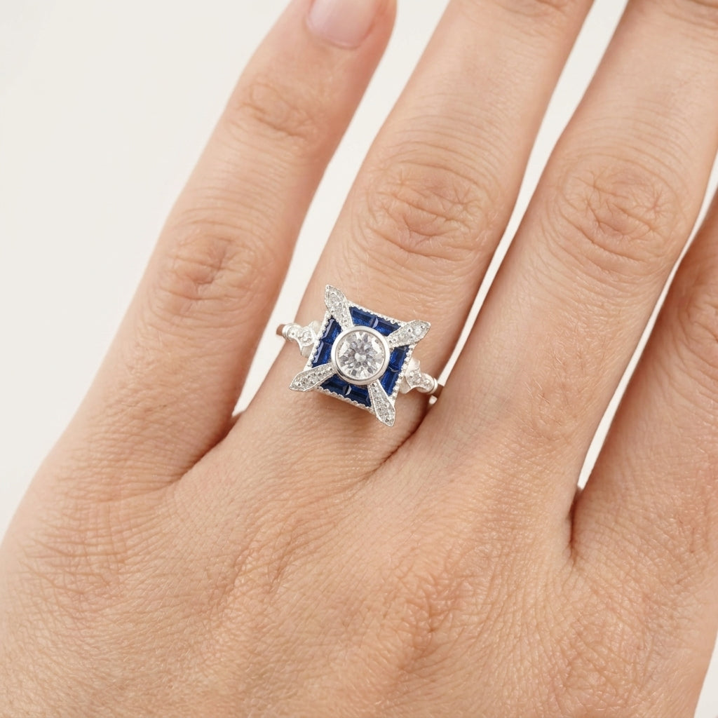 Antique Blue Sapphire & Diamond Vintage Engagement Ring With Model Finger
