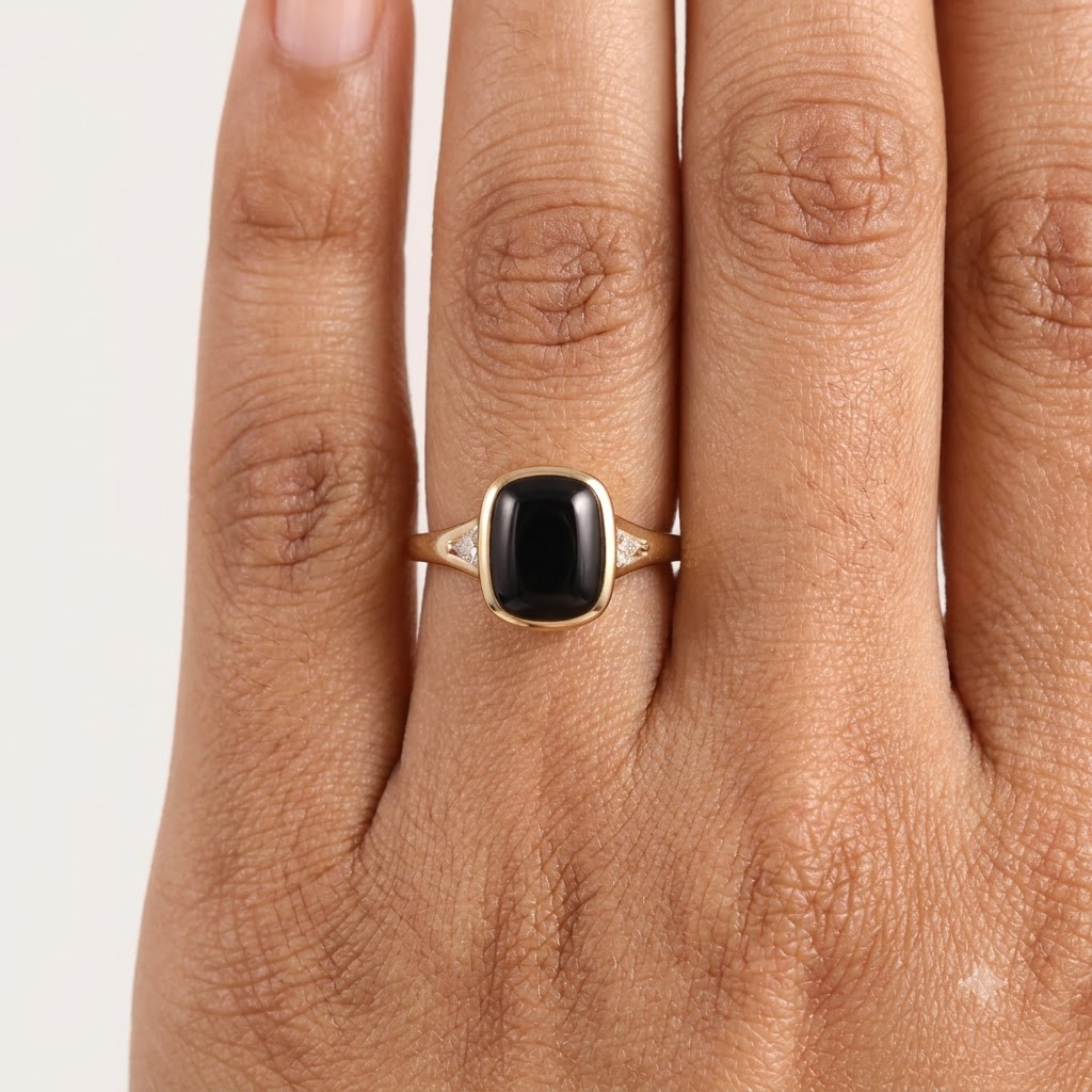 Bezel Set 2 Ct Cushion Cut Onyx Engagement Ring With Model Finger