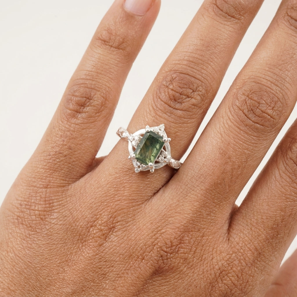 Vintage Emerald Cut Moss Agate Moissanite Engagement Ring With Model Finger
