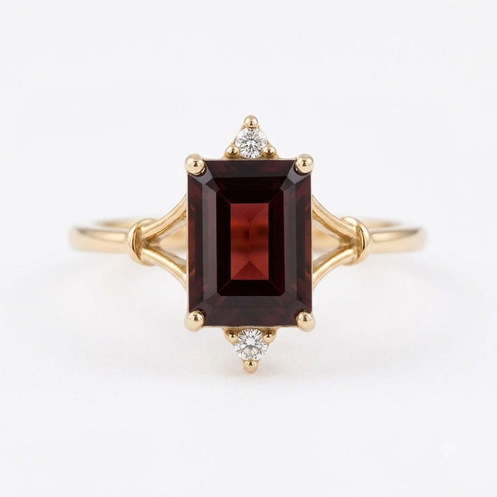 Emerald Cut Red Garnet Gold Engagement Ring