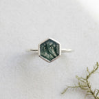 Hexagon Cut Moss Agate Bezel Set Engagement Ring Keep On table
