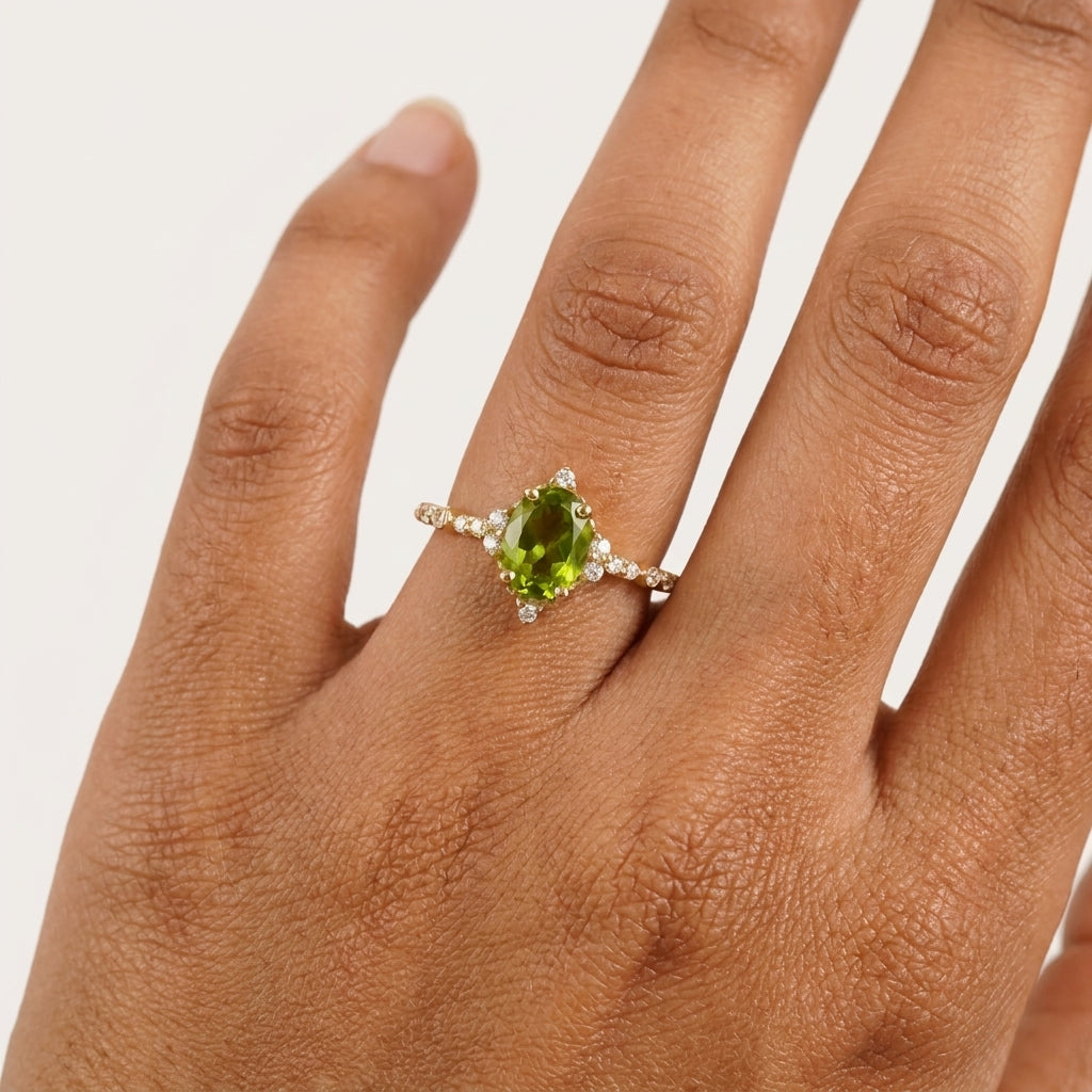 Oval Cut Cluster Halo Diamond Peridot Engagement Ring With Model Finger