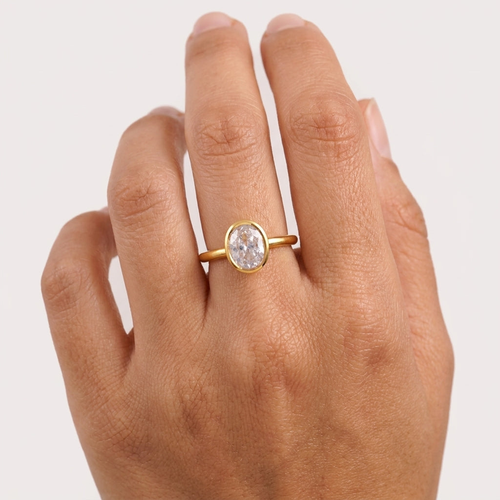 Oval Cut Bezel Set Engagement Ring WIth Model FInger