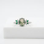 Oval Moss Agate Marquise Emerald And CZ White Gold Engagement Ring