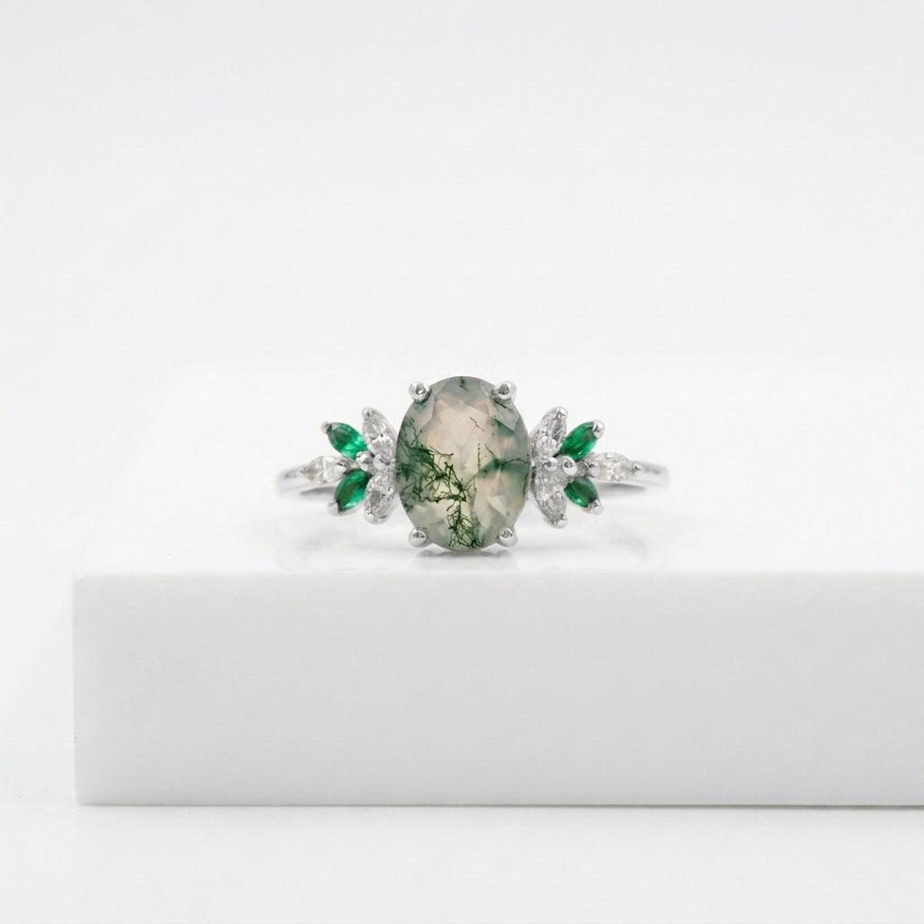 Oval Moss Agate Marquise Emerald And CZ White Gold Engagement Ring