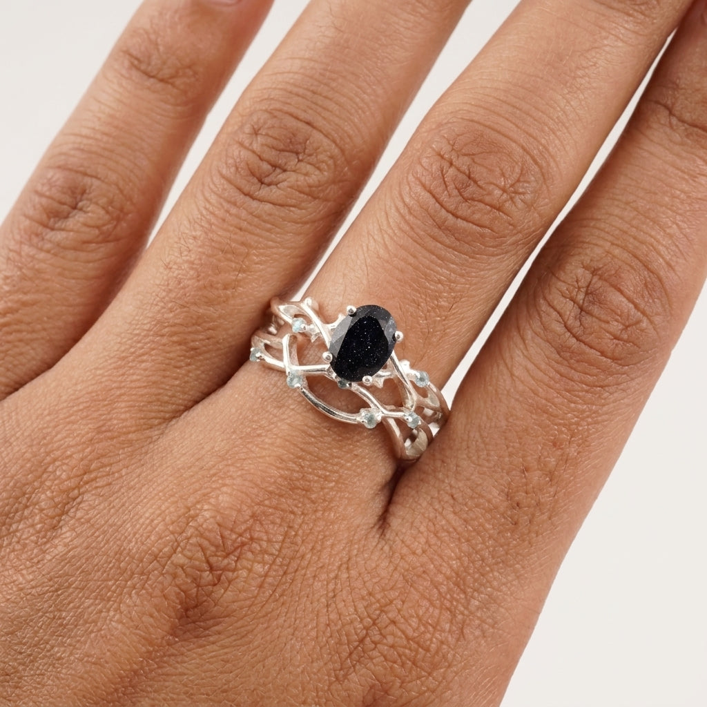 Oval Blue Sandstone Engagement Ring Women With Model Finger