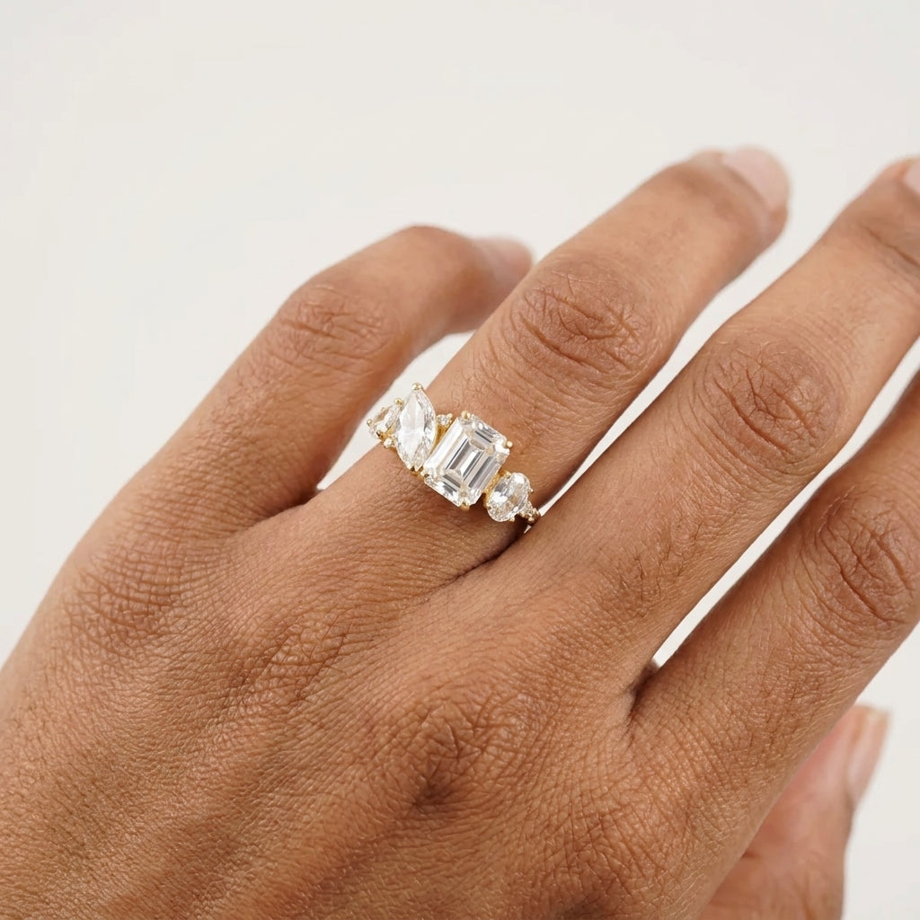 Cluster Moissanite Engagement Ring Emerald and Marquise Cut Ring With Model FInger