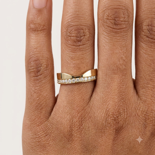14K Gold Moissanite Cigar Wedding Band With Model Finger
