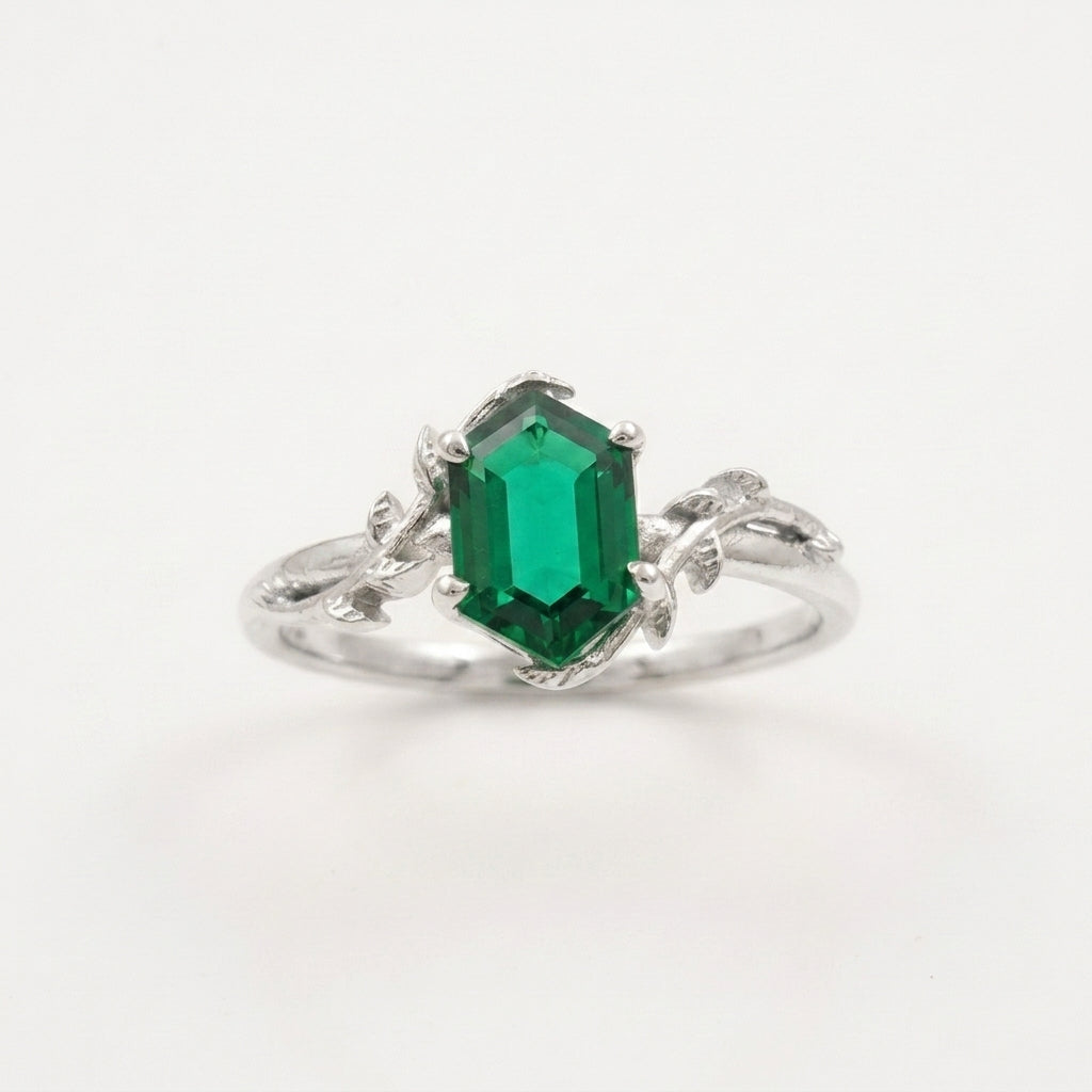Emerald Hexagon Engagement Silver Ring