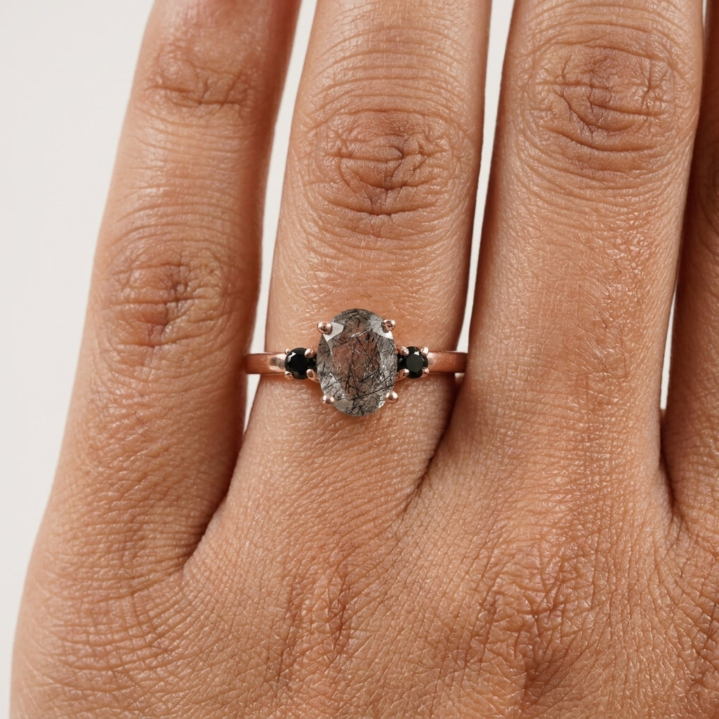 Oval Cut Black Rutile Quartz Engagement Ring With Model FInger