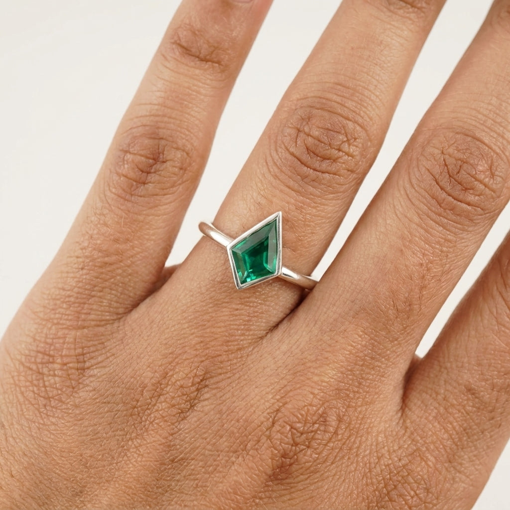 Kite Shaped Emerald Ring Solid Gold Solitaire Ring With Model Finger