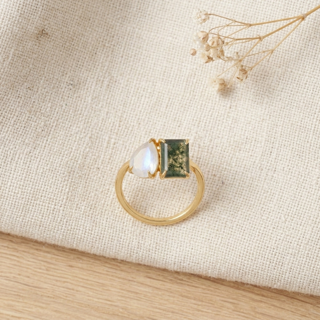 Double Stone Moss Agate And Moonstone Toi Et Moi Engagement Ring Keep On Table
