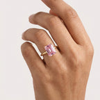 Emerald Pink Sapphire Gold Engagement Ring With Model Finger