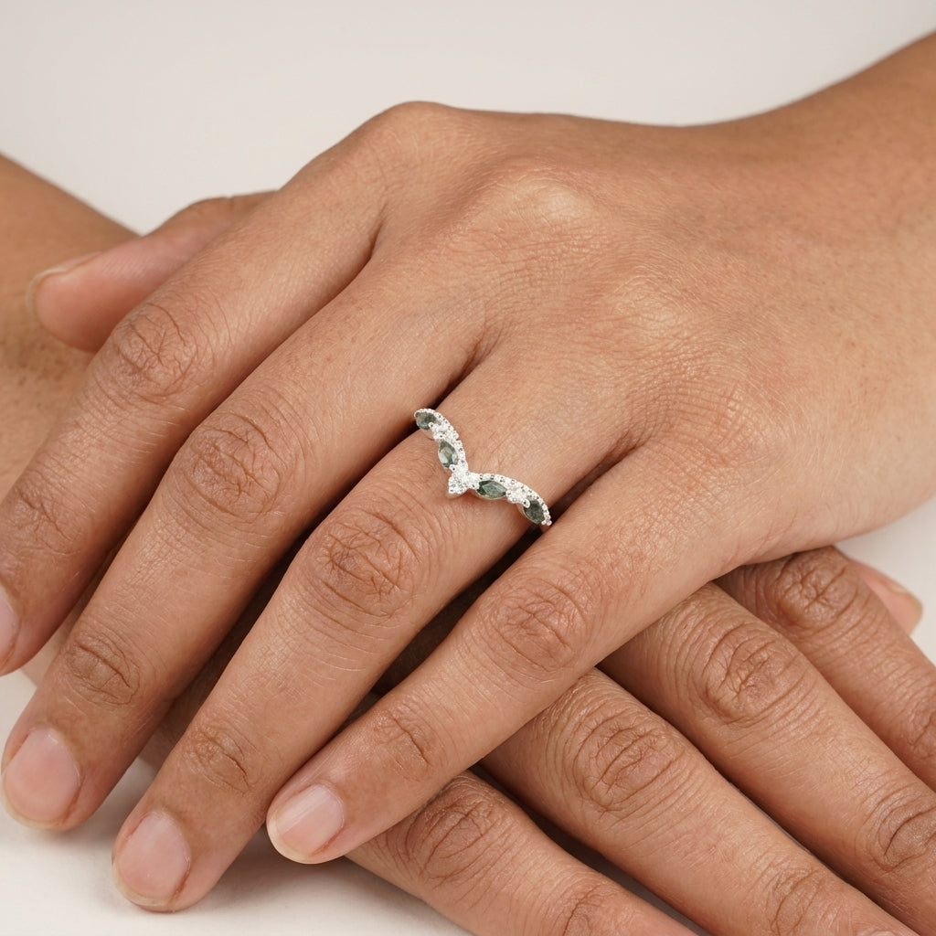 Marquise Moss Agate Wedding Band Ring With Model Finger