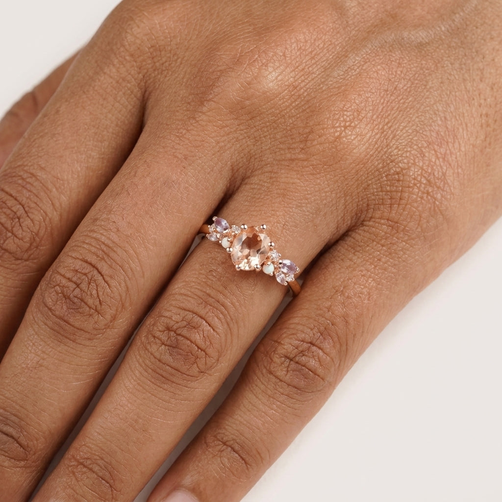 Oval Cut Morganite Gemstone Sterling Silver Engagement Ring With Model Finger