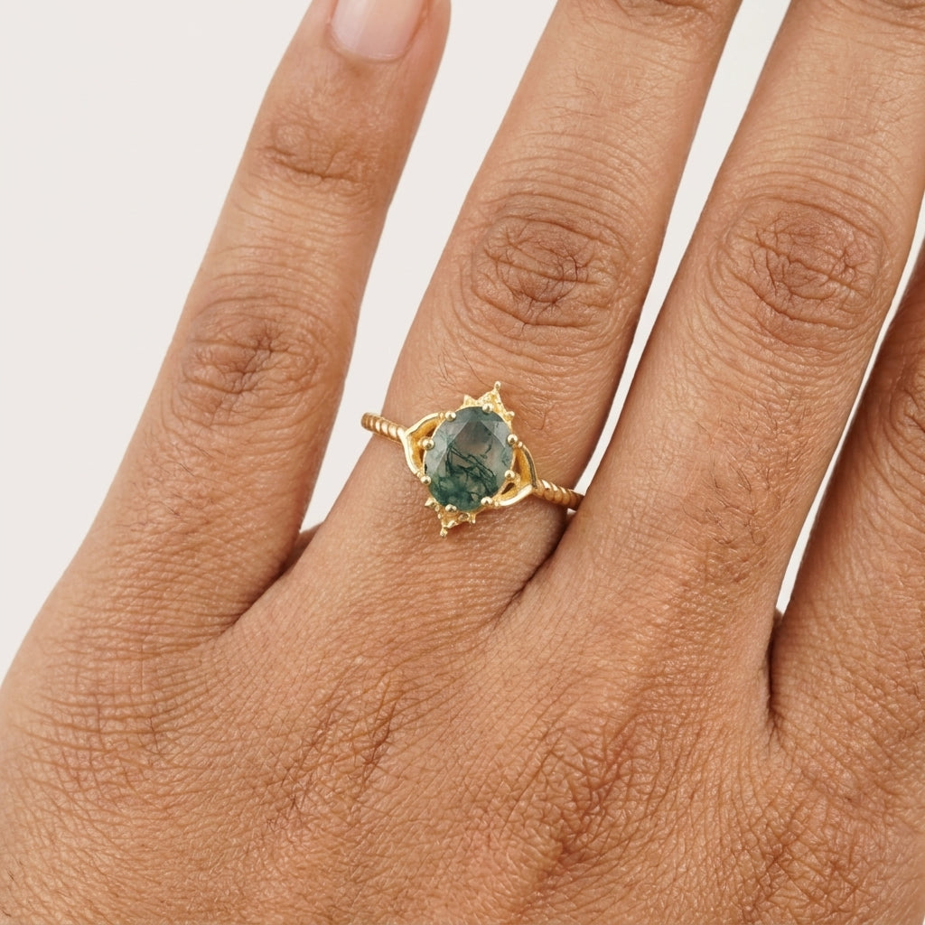 Vintage Oval Moss Agate Gold Engagement Ring with Model Finger