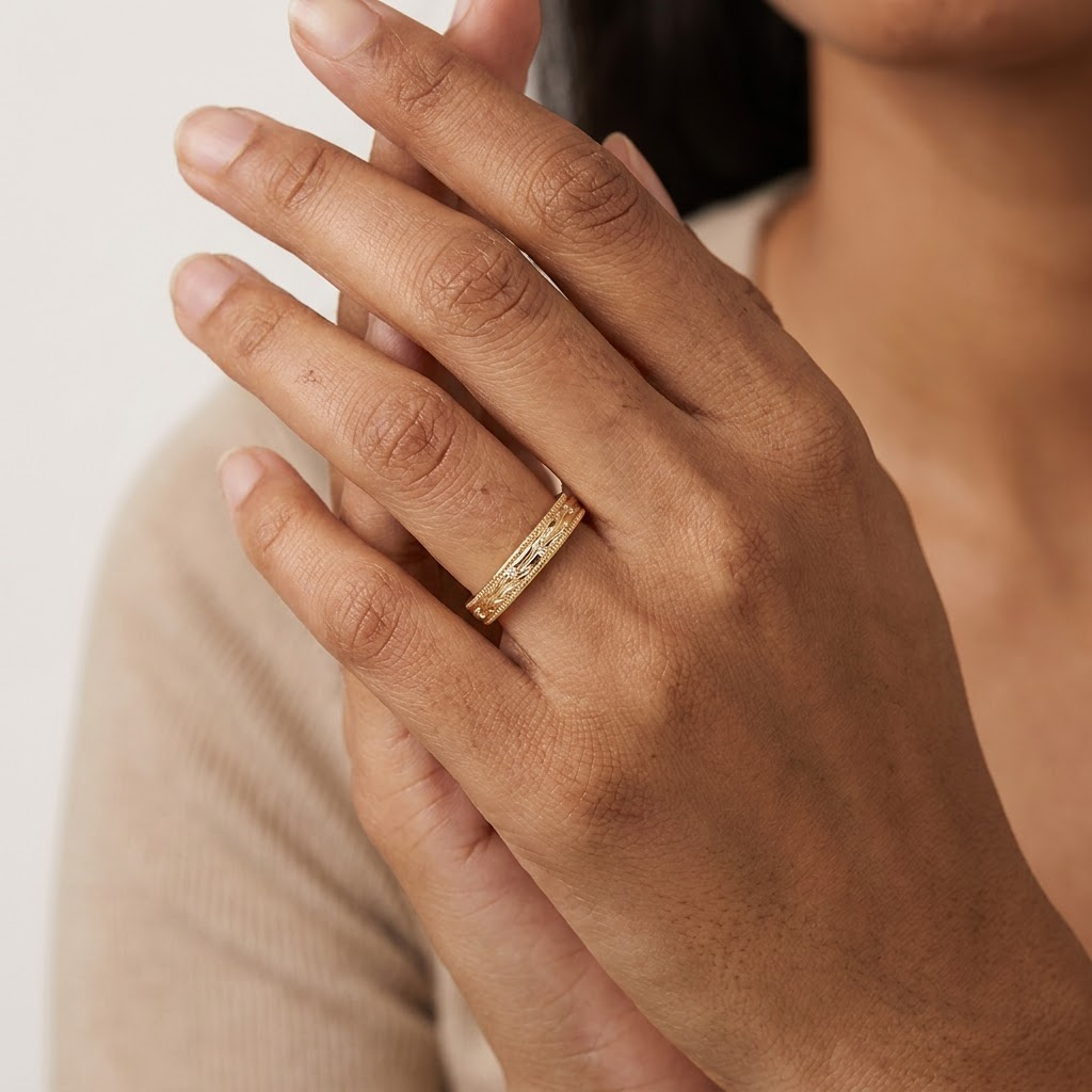 Moissanite Leaf Wedding Band WIth Model Finger