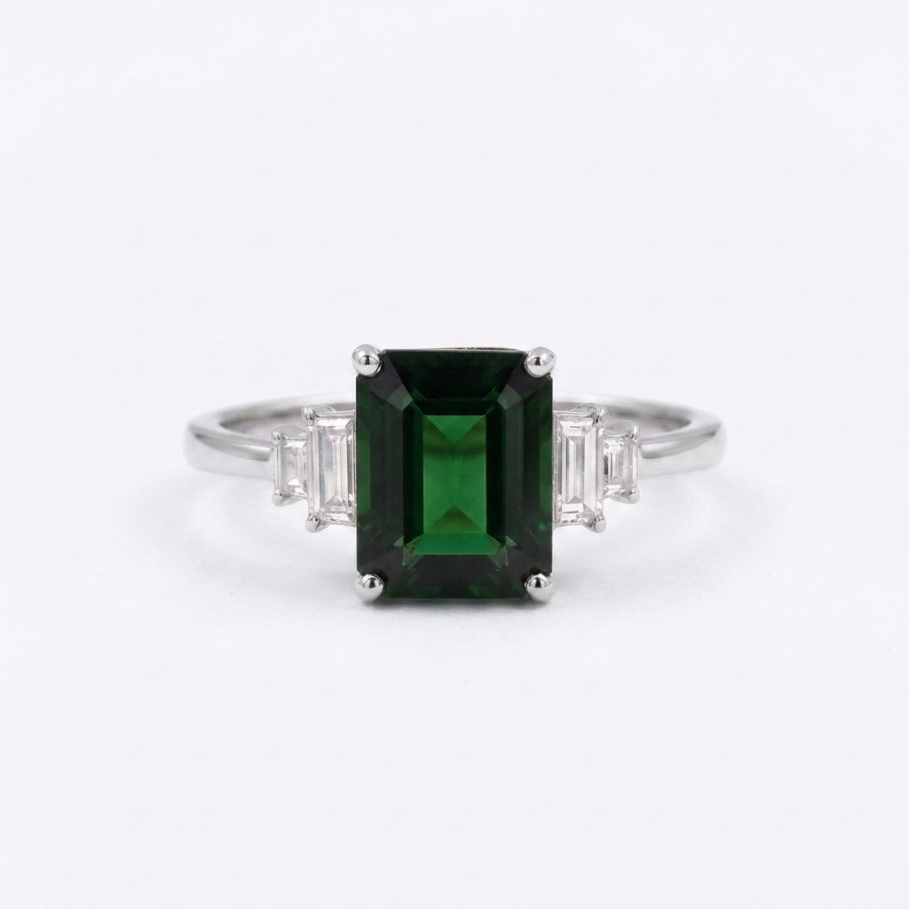 Green Emerald Gemstone Silver Engagement Ring