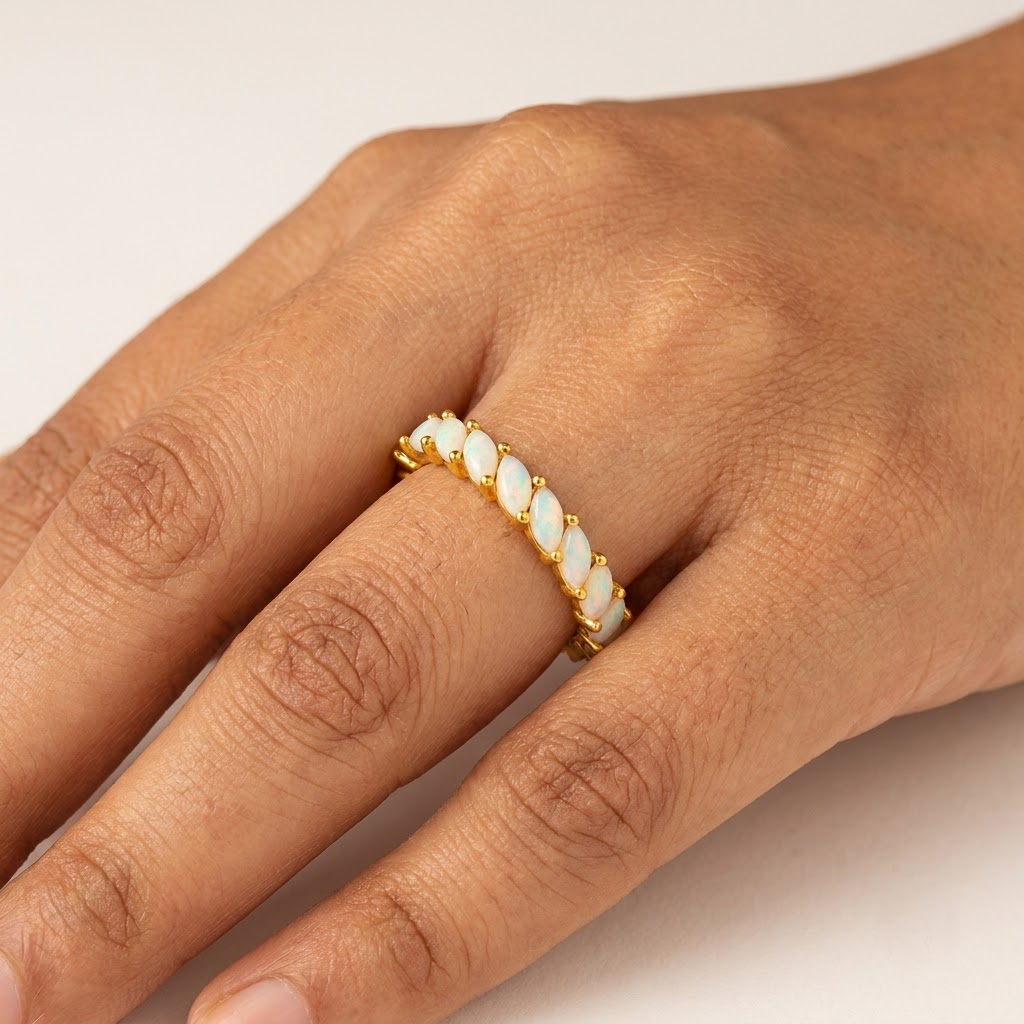 Marquise Opal Eternity October Birthstone Band With Model Finger