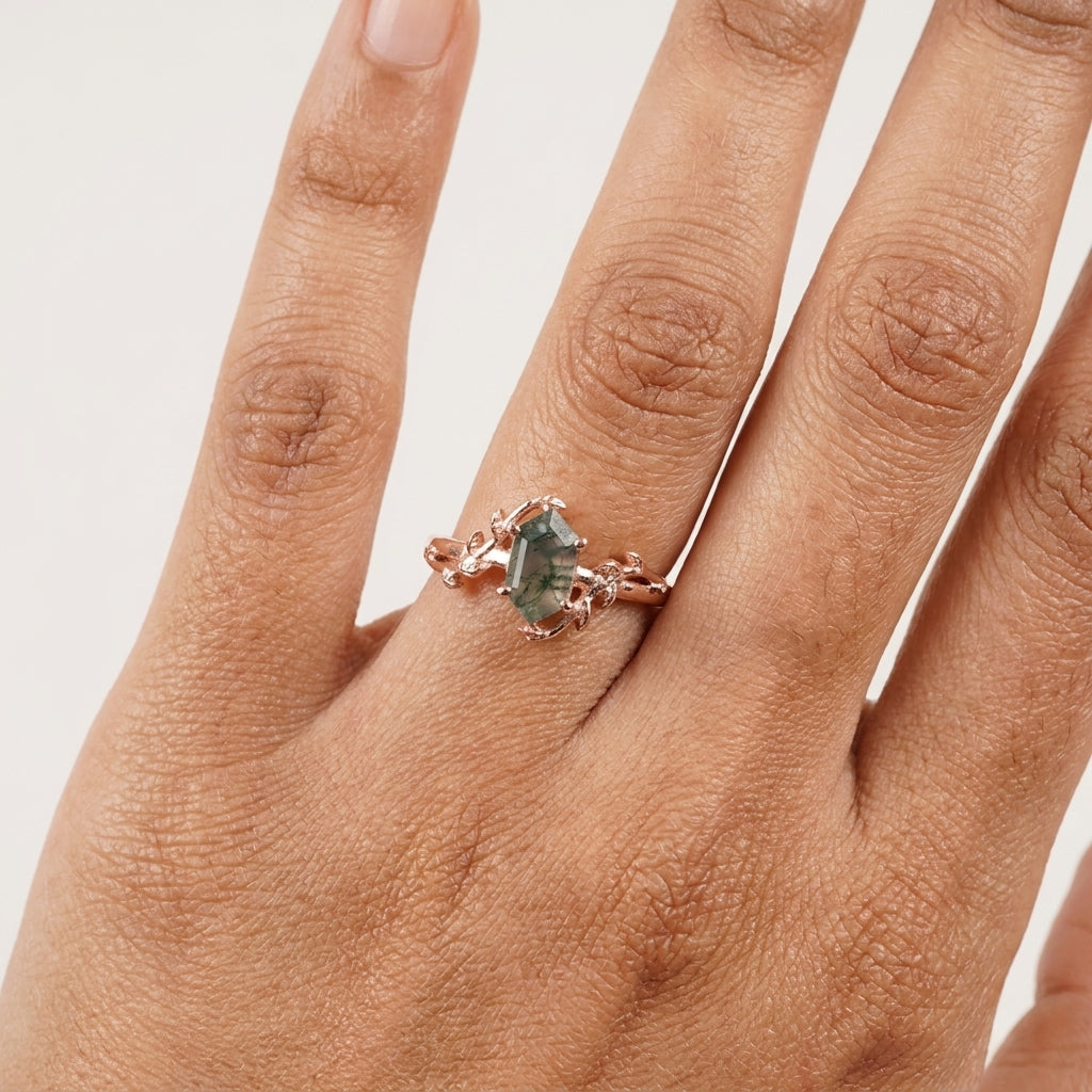 Long Hexagon Cut Moss Agate Leaf Solitaire Ring Wear in Finger