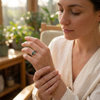 Bezel Set Moss Agate Hexagon Engagement Ring With Model