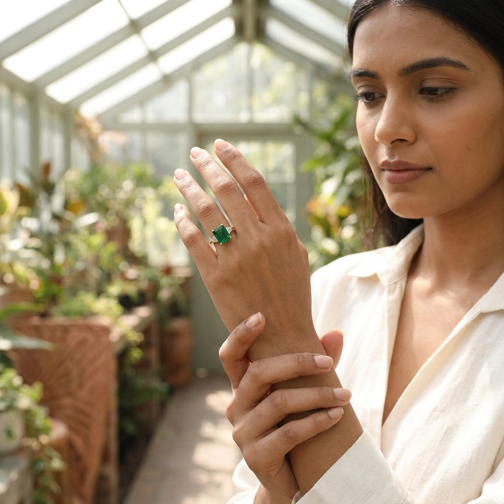 Baguette Cut Moissanite & Green Emerald Ring With Model