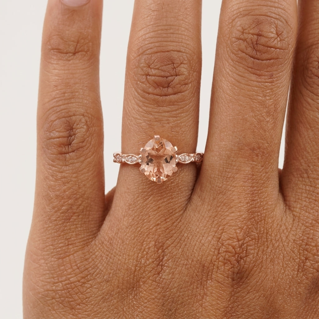 Oval Cut Morganite 2.5ct Engagement Rings For Women WIth Model Finger