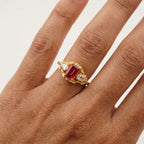 Emerald Cut Ruby Nature Inspired Leaf Gold Stacking Ring With Model Finger