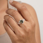 Moss Agate Leaf Hexagon Engagement Ring With Model Finger